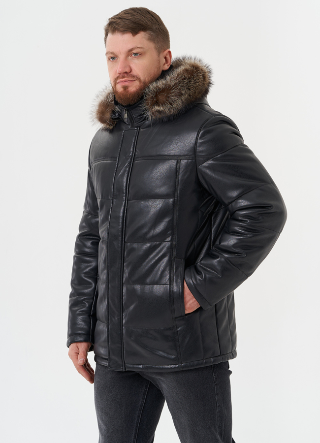 фото Куртка из эко кожи с отделкой из меха енота модель № 28583