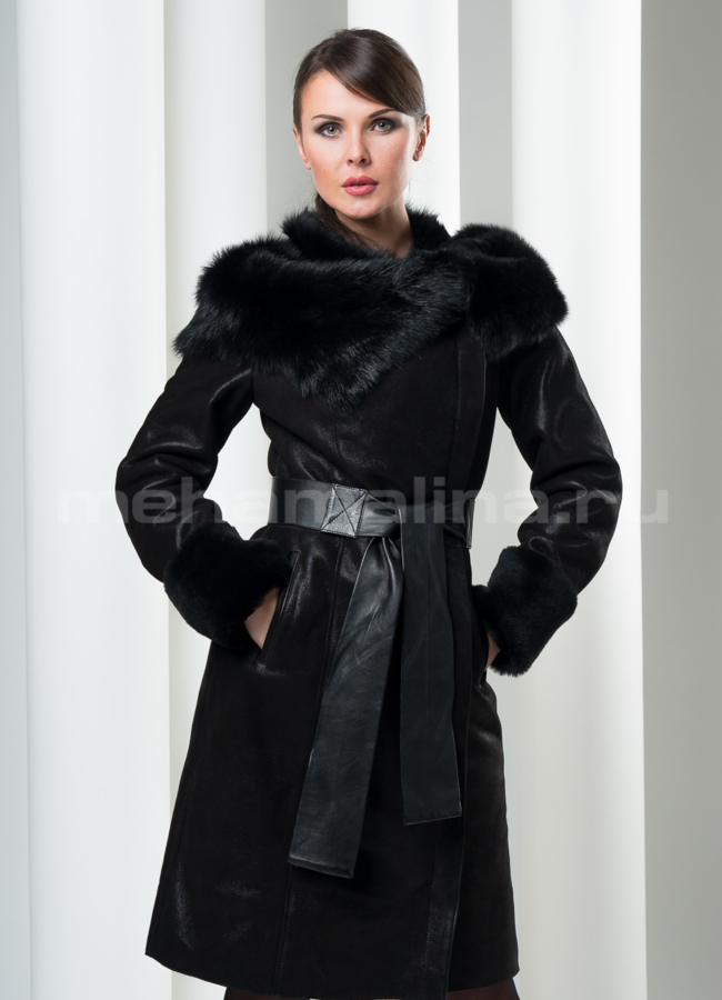 Дубленка черная с тосканой модель № D-78 меха малина Дубленка черная с тосканой модель № D-78 меха малина
