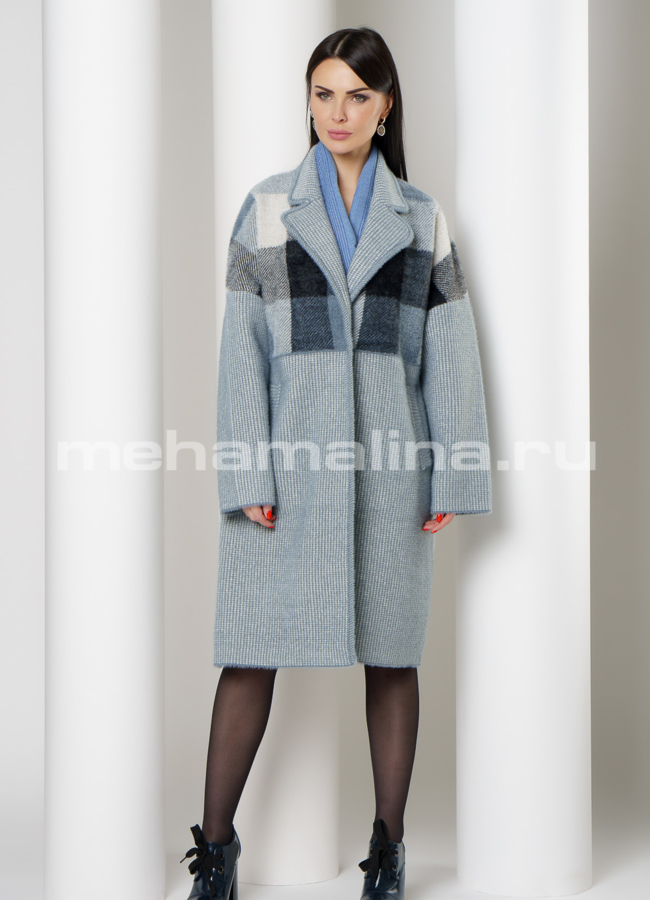 фото Пальто прямое, в синем цвете с английским воротником модель № 210