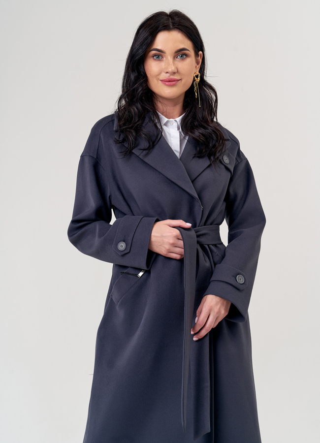 Женское пальто в сером цвете с поясом модель № 21374 универмаг малина