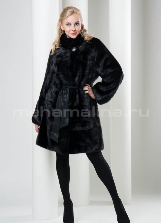 Шуба норка на поясе, воротник - стойка модель № S-101 меха малина