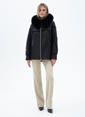 Женская дубленка из эко кожи с капюшоном