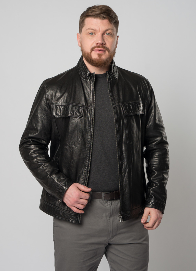 Мужская кожаная куртка черного цвета модель № W9066 универмаг малина
