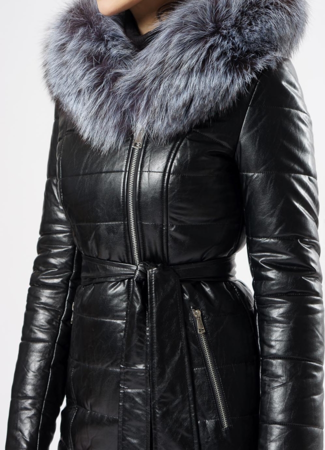 Пуховик из эко кожи с капюшоном  модель № 8779 универмаг малина