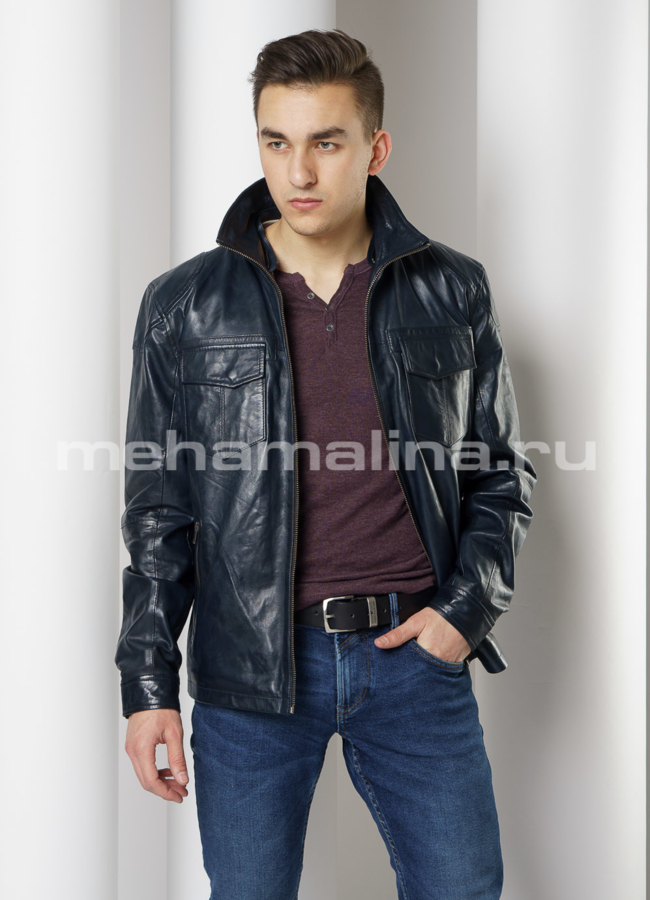 фото Кожаная куртка с капюшоном синего цвета модель № 001