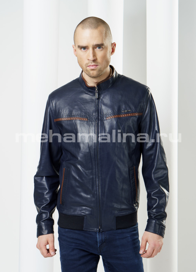 Синяя кожаная куртка с коричневыми вставками модель № KP-95 в кредит