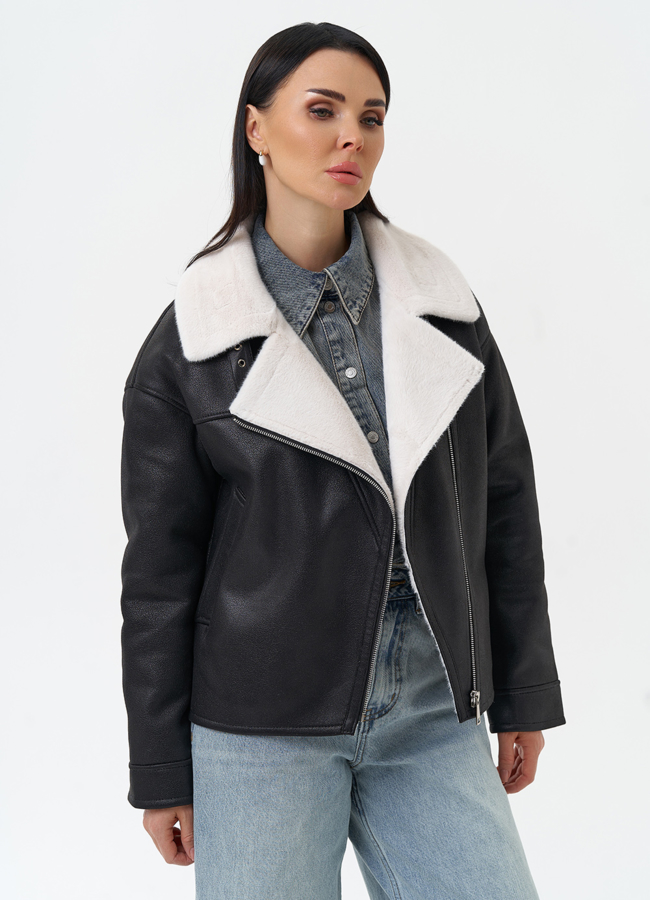 Короткая дубленка из эко замши черного цвета модель № 30207 универмаг малина