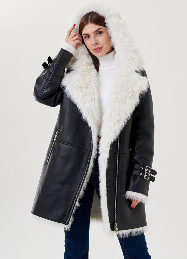 Дубленка из искусственной кожи с отделкой под тоскану модель № 79315 меха малина