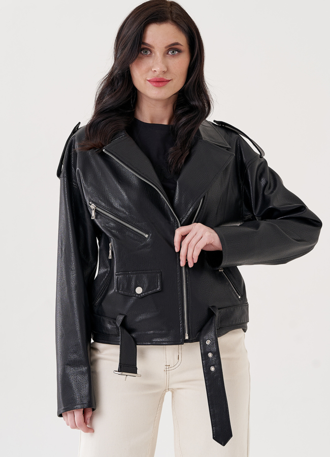 Куртка косуха из эко кожи  модель № 24444 меха малина