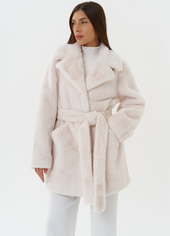 фото Полупальто из эко меха с поясом модель № 27787