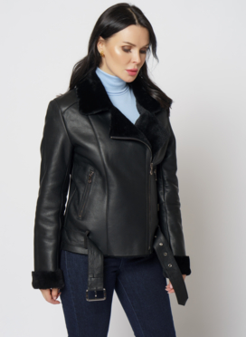 Женская дубленка косуха из овчины черного цвета