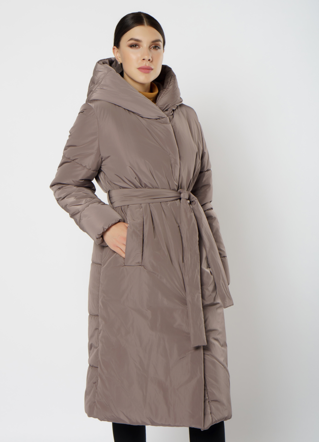 фото Пуховик женский коричневого цвета с капюшоном модель № 0309