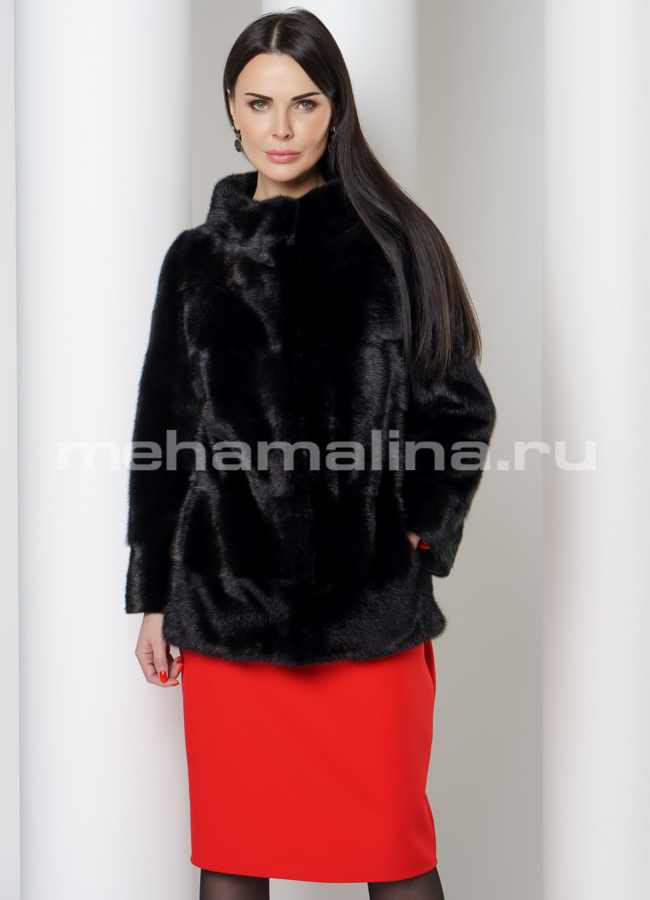 Укороченная норковая шуба черного цвета модель № S-781 меха малина