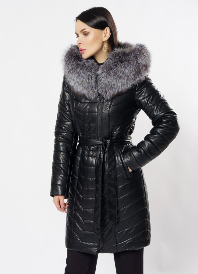 Пуховик из эко кожи черного цвета модель № 9801 универмаг малина