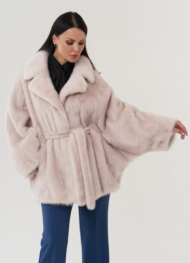 Шуба в цвете пудра с английским воротником модель № 24820 универмаг малина