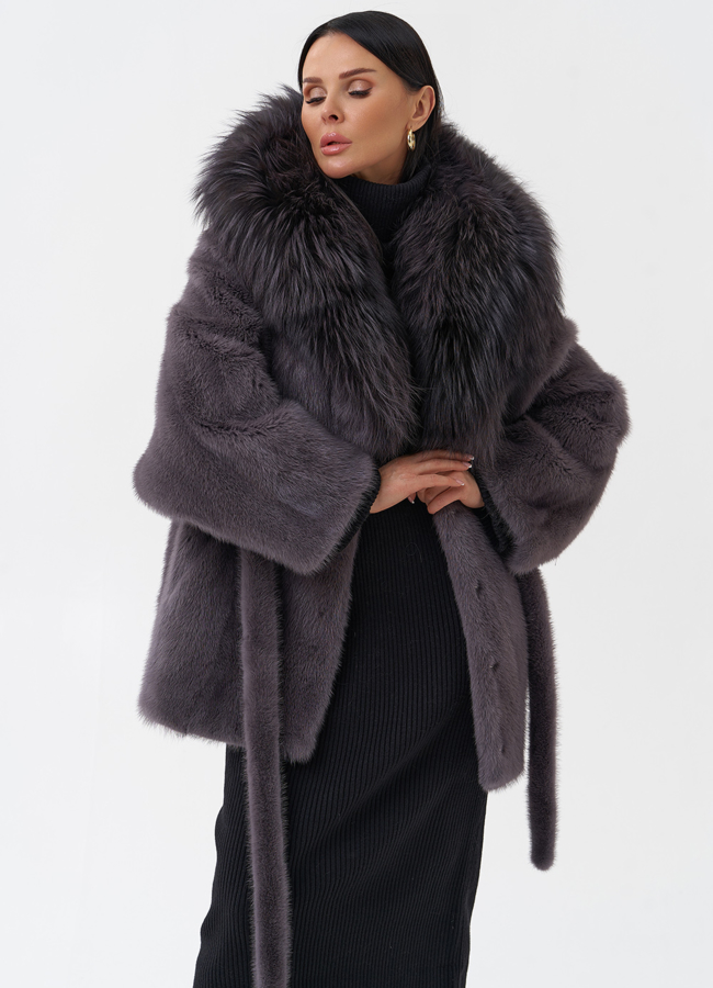 Шуба -кимоно из норки с поясом модель № 26040 универмаг малина