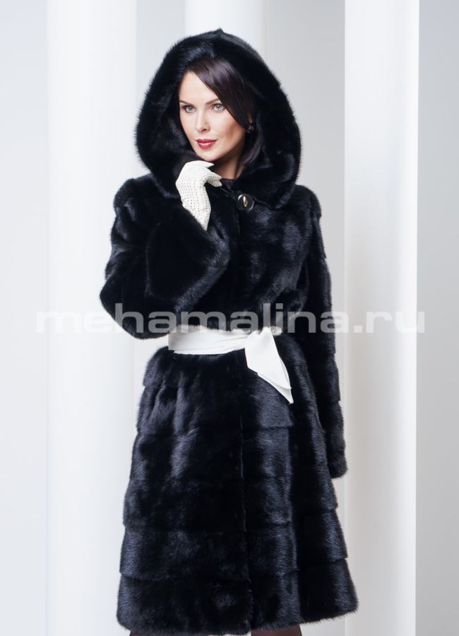 Норковая шуба с капюшоном, цвет черный модель № S-294 в кредит