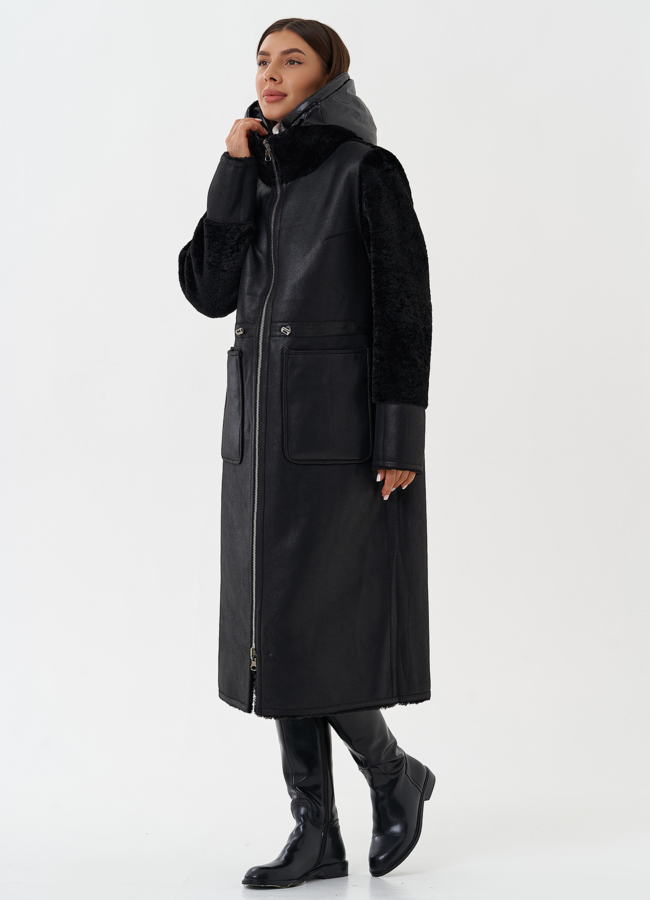 Двухсторонняя дубленка из эко кожи с капюшоном модель № 28563 универмаг малина