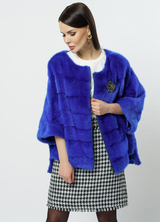 Куртка из норки синего цвета на молнии модель № S-1112 меха малина