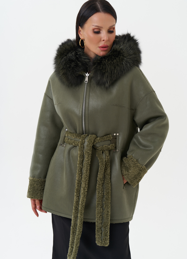 фото Эко дубленка с капюшоном из меха чернобурки модель № 27771