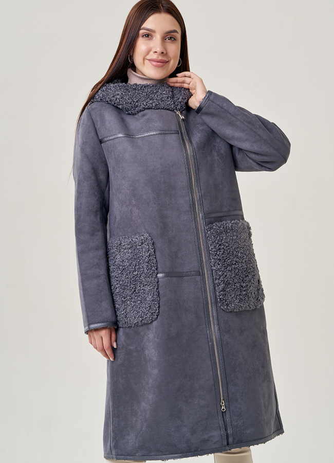 Женская дубленка из эко кожи в цвете графит модель № 23069 меха малина