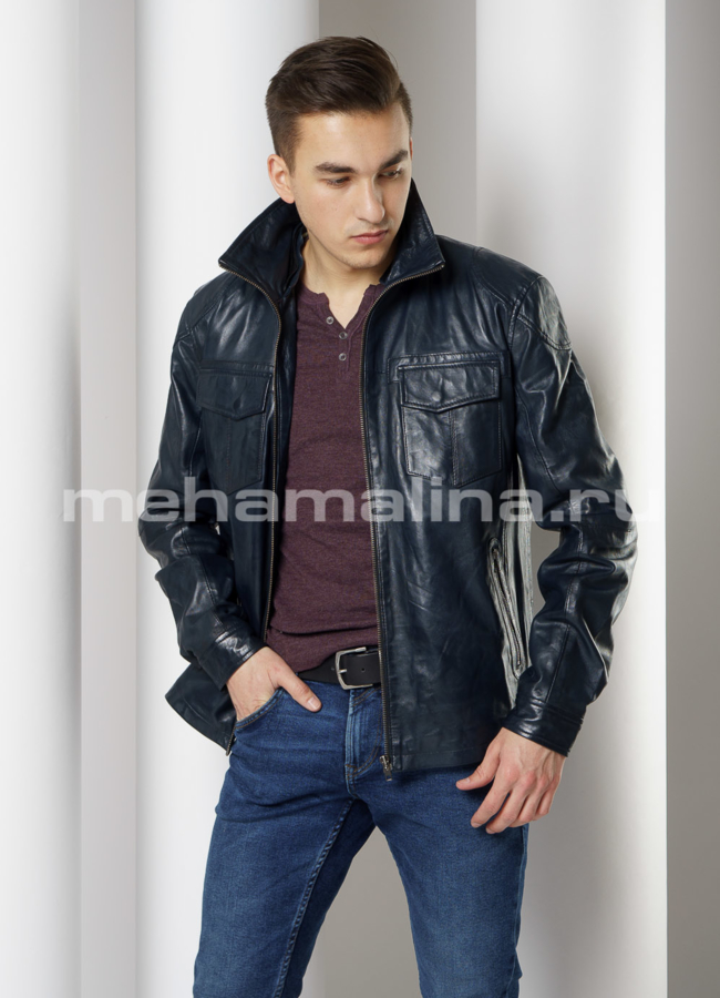 Кожаная куртка с капюшоном синего цвета модель № 001 универмаг малина