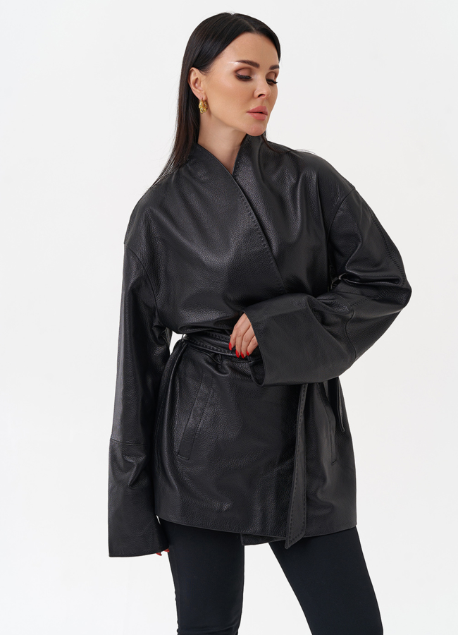 Жакет с поясом из натуральной кожи модель № 4582 меха малина