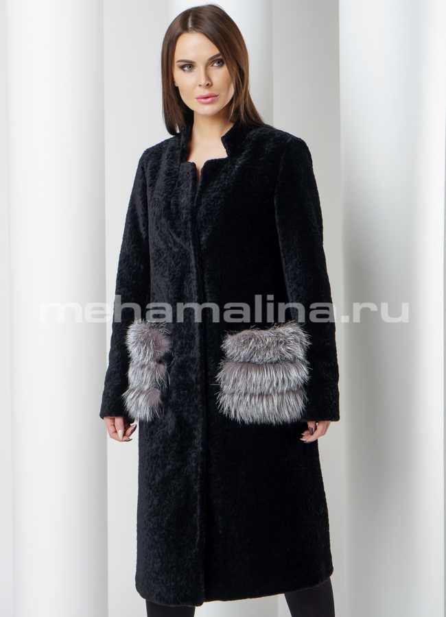 Пальто меховое с накладными карманами модель № K-397 универмаг малина