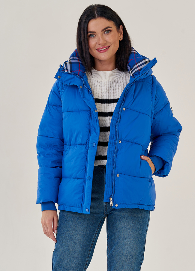 Женская куртка- трансформер в синем цвете модель № 23130 меха малина