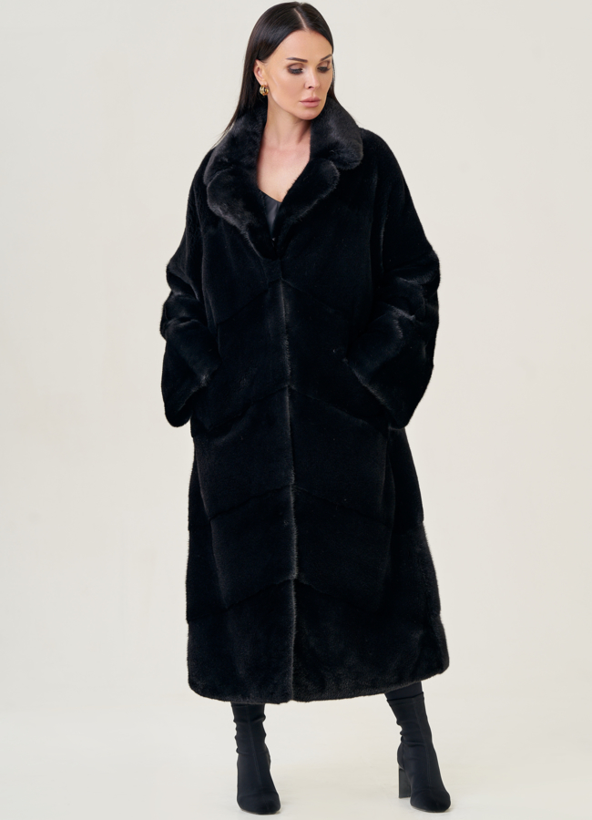 Шуба из скандинавской норки с английским воротником модель № 23089 меха малина