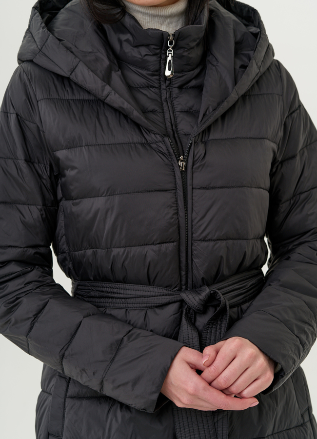 Женское удлиненное пальто с капюшоном и поясом модель № 22329 универмаг малина