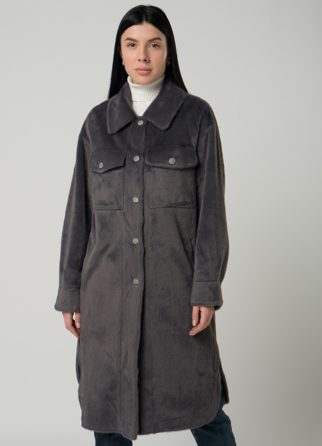 Женское пальто-рубашка темно-серого цвета модель № 22437 в рассрочку