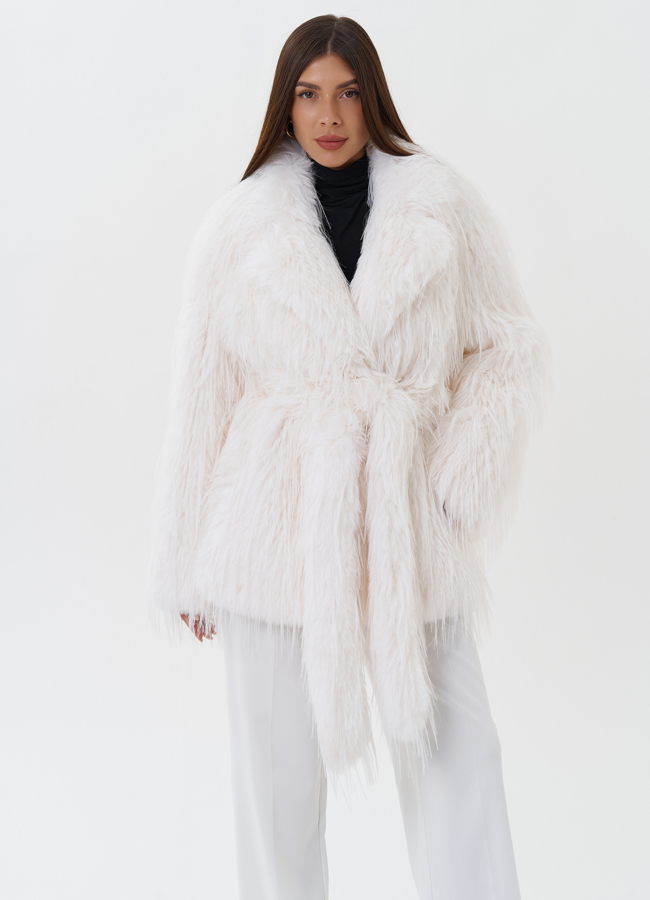 Укороченная шуба из эко страуса модель № 26943 меха малина