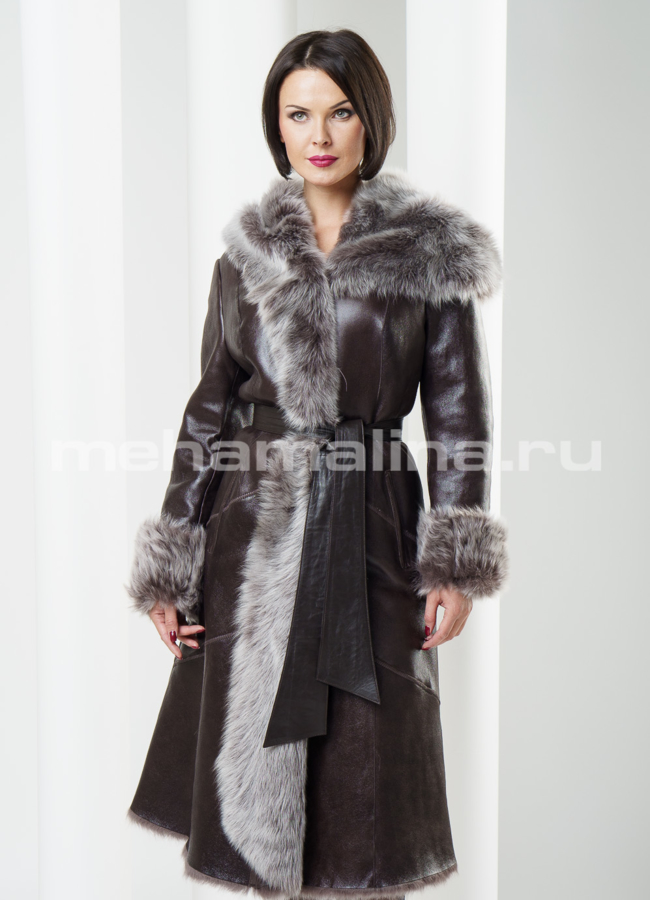 Дубленка из тасканы с капюшоном модель № D-122 меха малина