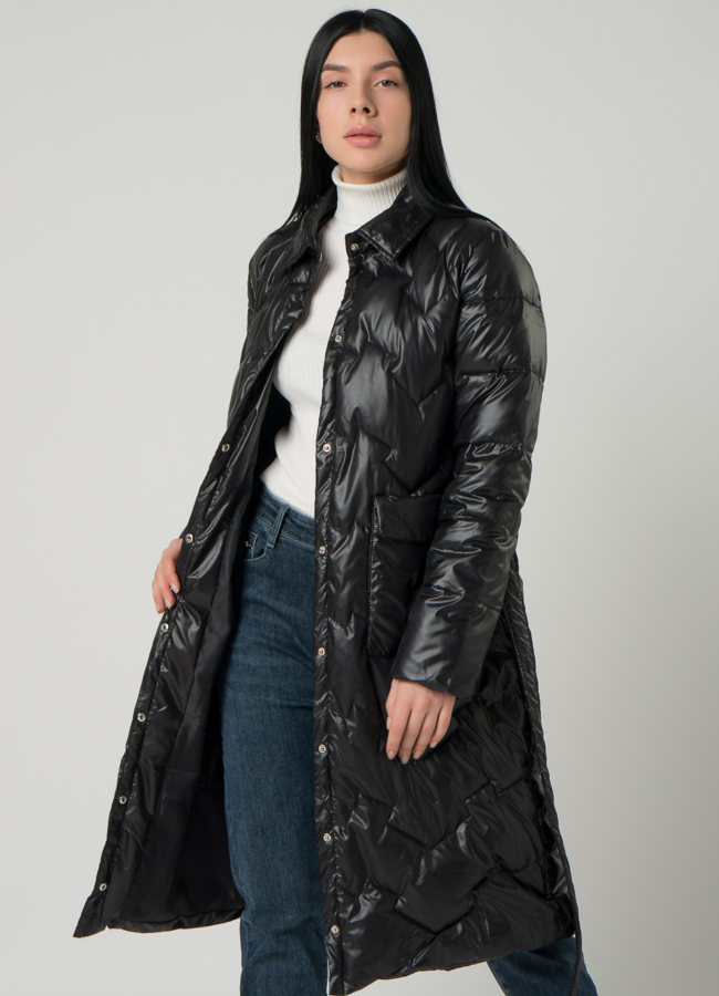 Удлиненное женское пальто  в черном цвете с отложным воротником модель № 22330 универмаг малина