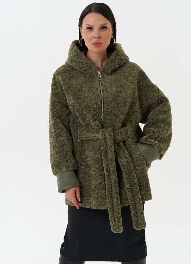 Эко дубленка с капюшоном из меха чернобурки модель № 27771 универмаг малина