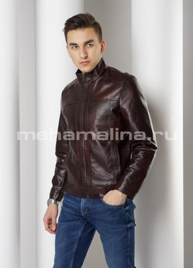 Куртка из эко кожи на молнии модель № 560 меха малина