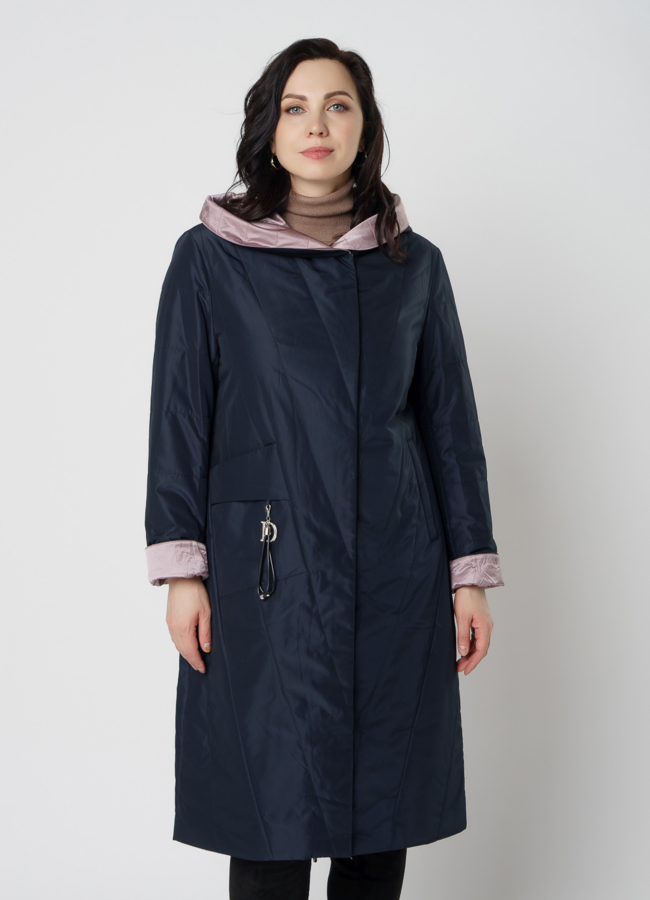 Пальто женское демисезонное синего цвета модель № 2021 меха малина