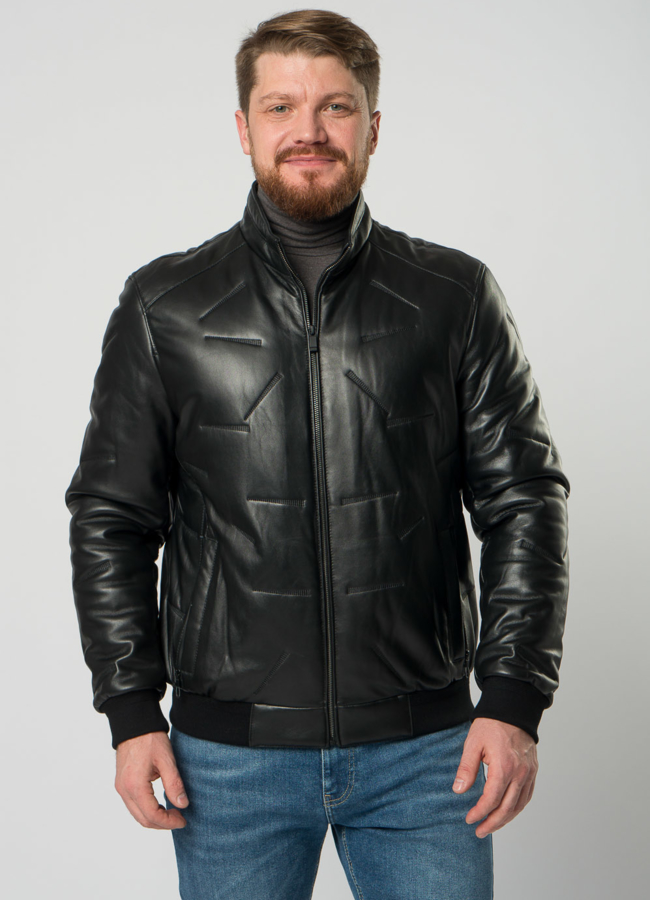 Мужской пуховик-бомбер из натуральной кожи черного цвета модель № 18504 универмаг малина