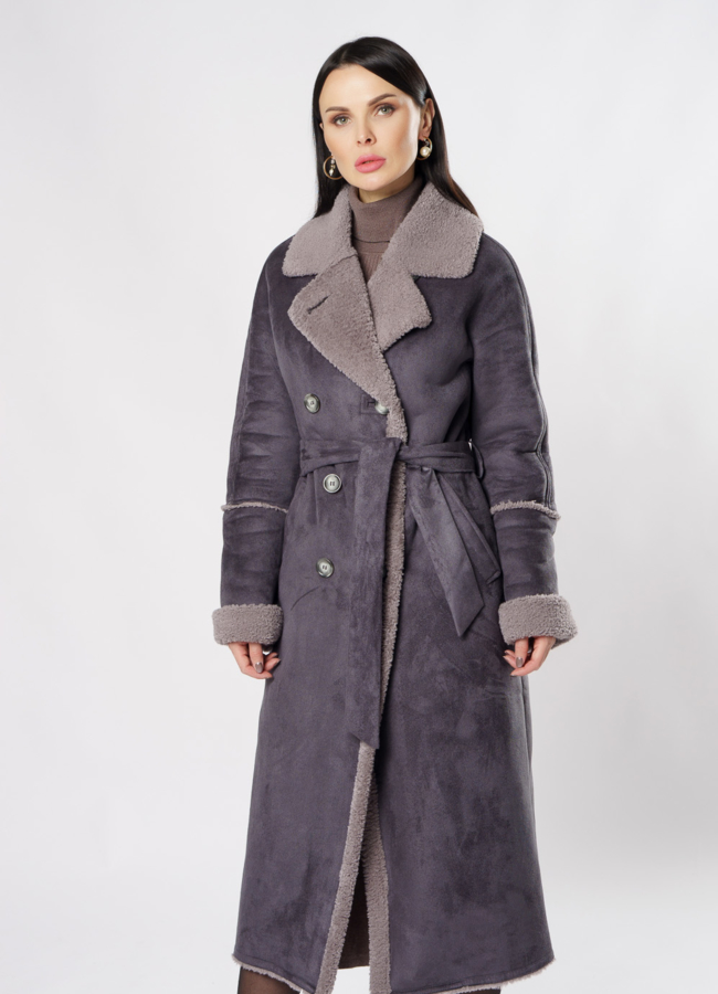 Удлиненная дубленка из эко кожи с поясом модель № 18264 универмаг малина