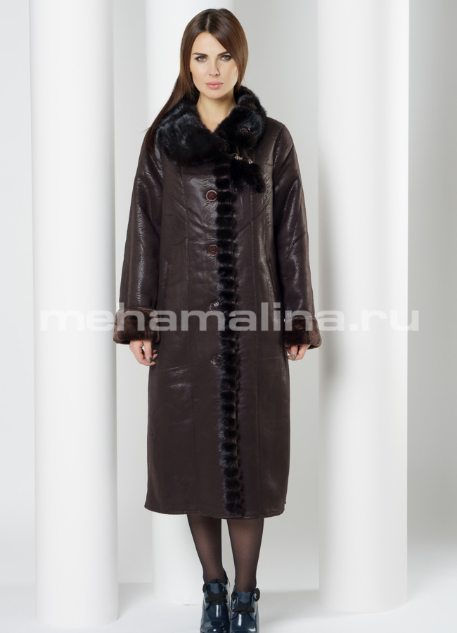 Удлиненная эко дубленка с отделкой из норки модель № J010 в рассрочку