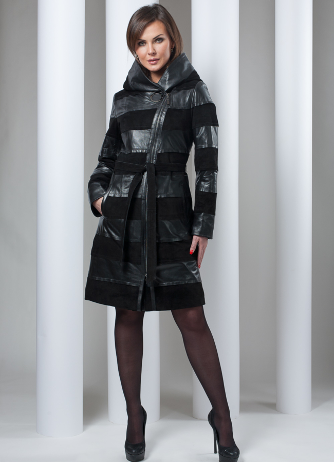 Кожаный плащ с капюшоном кожа/замша модель № K-73 в кредит