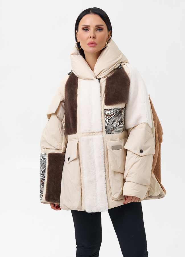 Комбинированный женский пуховик с капюшоном модель № 28376 меха малина