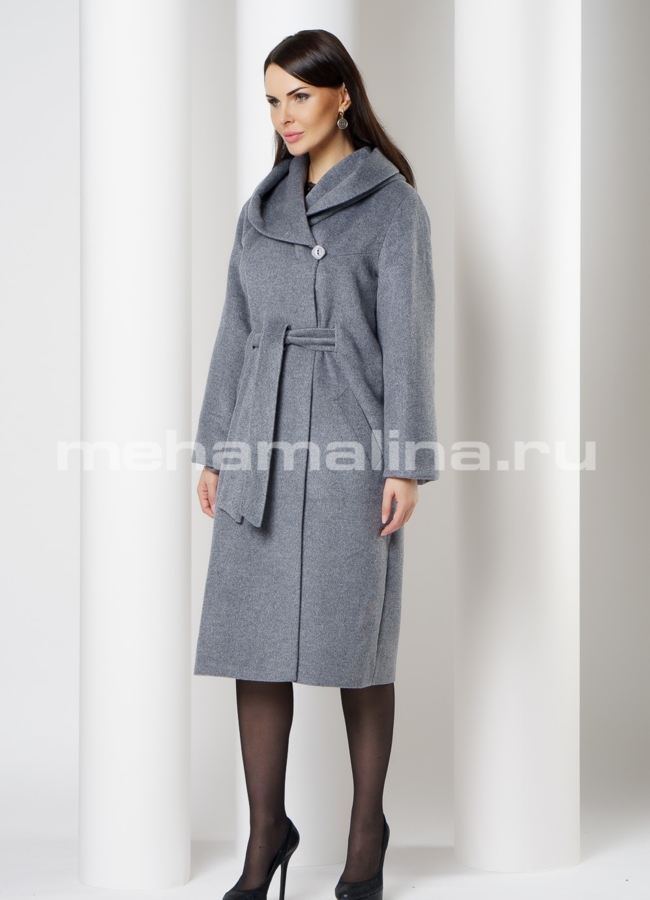 Пальто с капюшоном и поясом, серого цвета модель № 038 в рассрочку