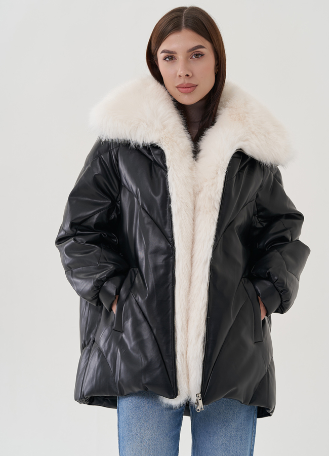 Куртка из эко кожи с воротником из искусственного меха модель № 25468 меха малина