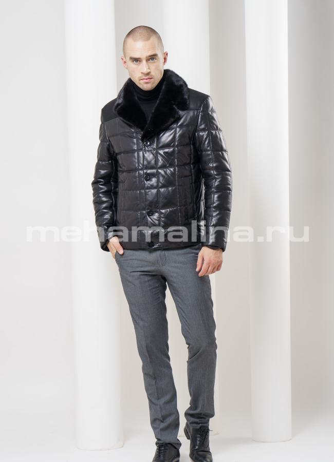 Кожаный пуховик с норкой модель № ПМ-53 в рассрочку
