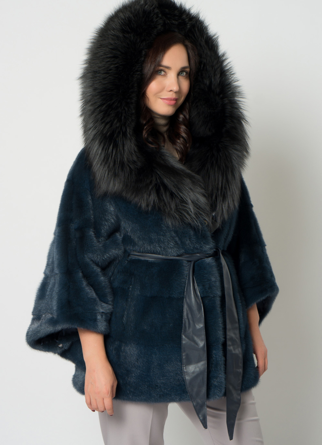 Шуба из норки в синем цвете  модель № 21688 меха малина