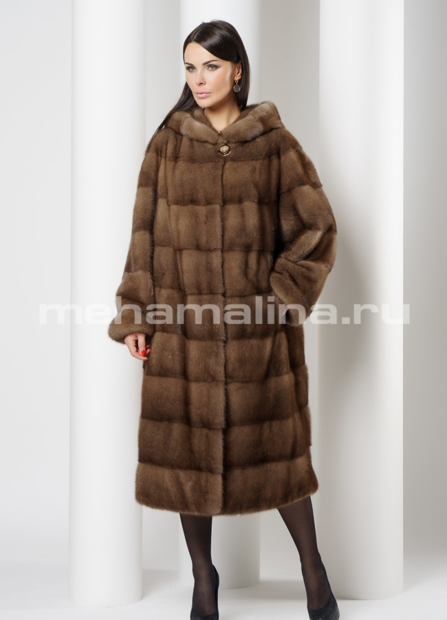 Норковая шуба с капюшоном в цвете пастель модель № S-729 универмаг малина