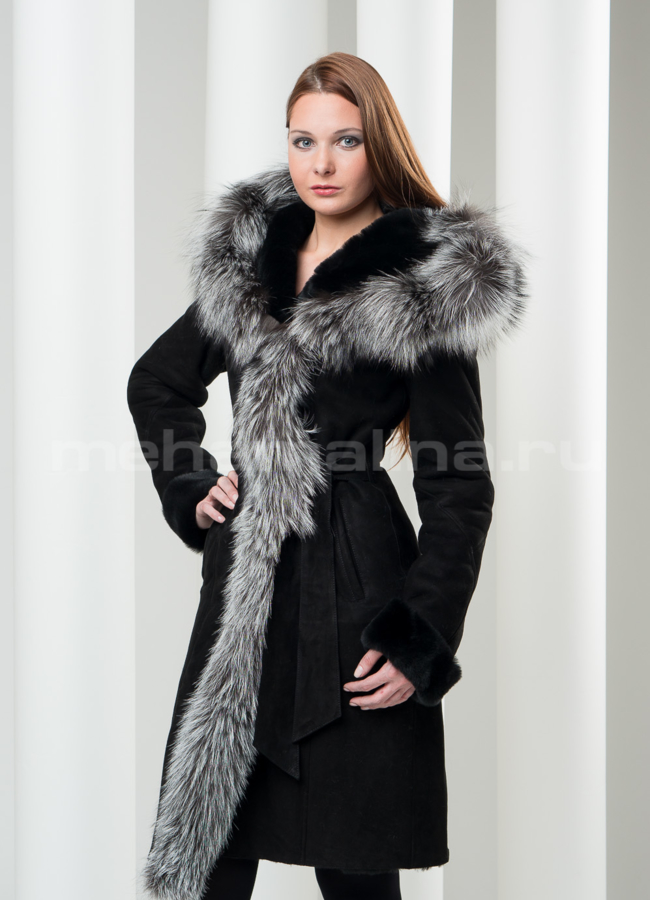 Дубленка на запах с чернобуркой модель № D-86 меха малина