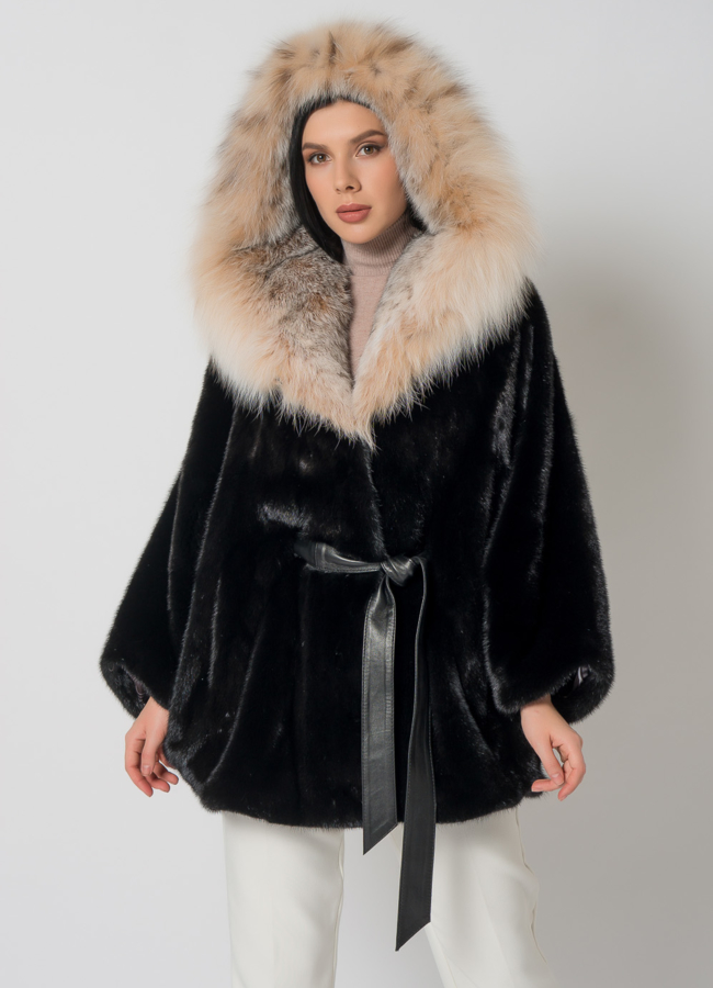 Шуба из скандинавской норки с рысью модель № 1405 меха малина